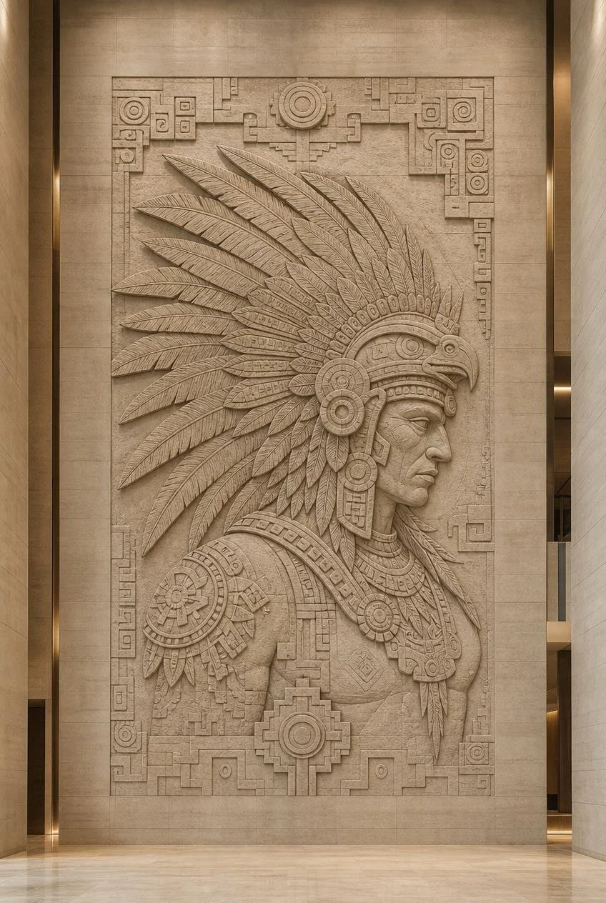 Large-scale Aztec warrior stone carved wall sculpture - Solaro Art Collection