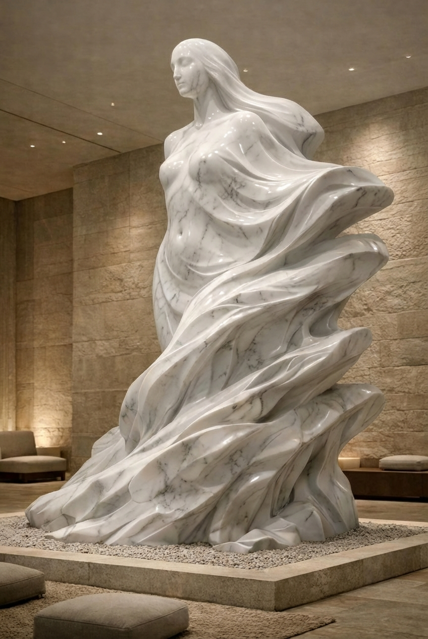 Modern statue, white marble, available in various sizes. 2 to 5 meters, made to order. Solro Art Collection.
