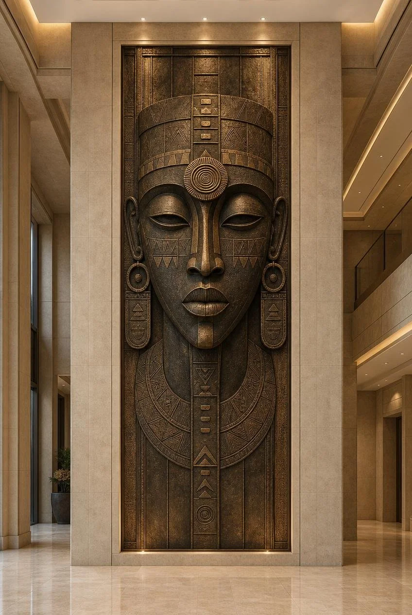 Colossal african mask wall sculpture in bronze
