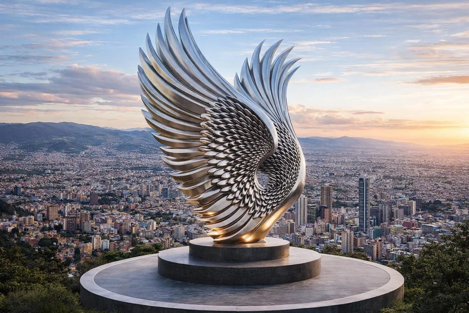 Metal wings of Continuum monumental brushed steel wing sculpture. Solaro Art Collection