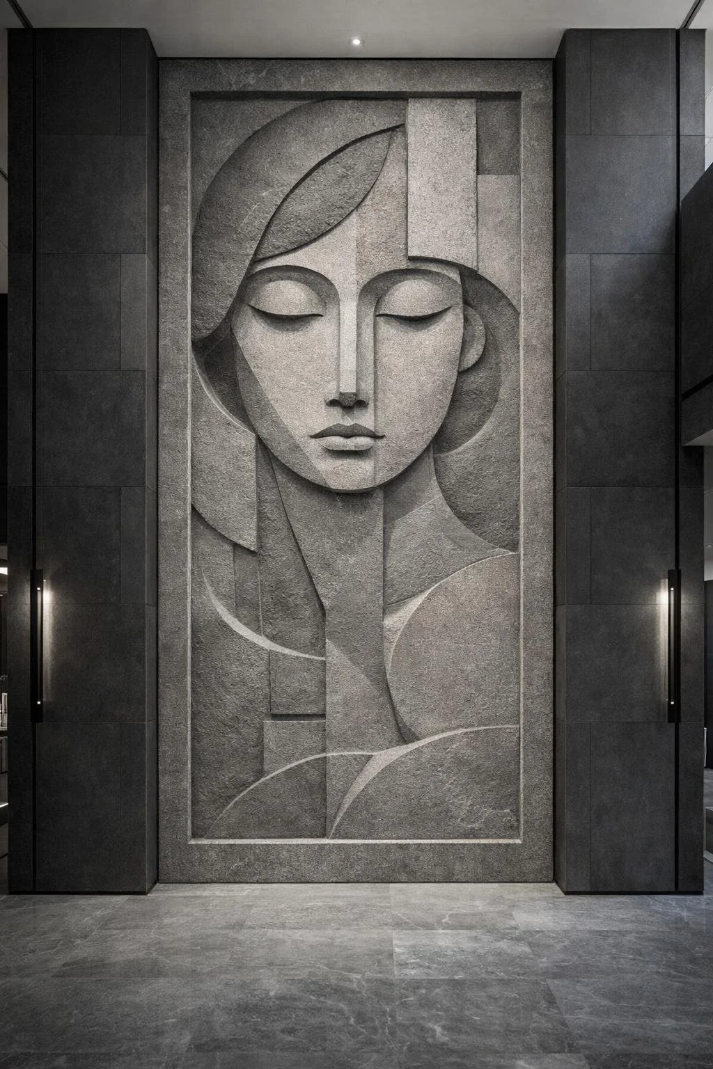 Monumental contemporary wall sculpture in authentic Angkor grey sandstone. Perfect for luxury architectural interiors. Solaro Art Collection