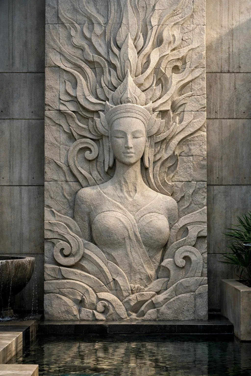 Custom large scale vertical Asian divine wall art, ascending spirit, ideal for lobby or other architectural incorporation. By Solaro Art Collection.