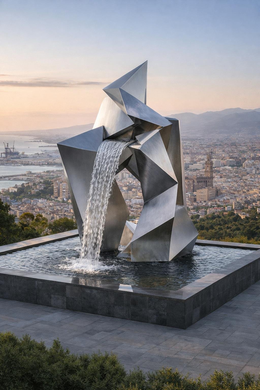 Large and unique fountain sculpture in metal for public spaces and urban projects. Solaro Art Collection