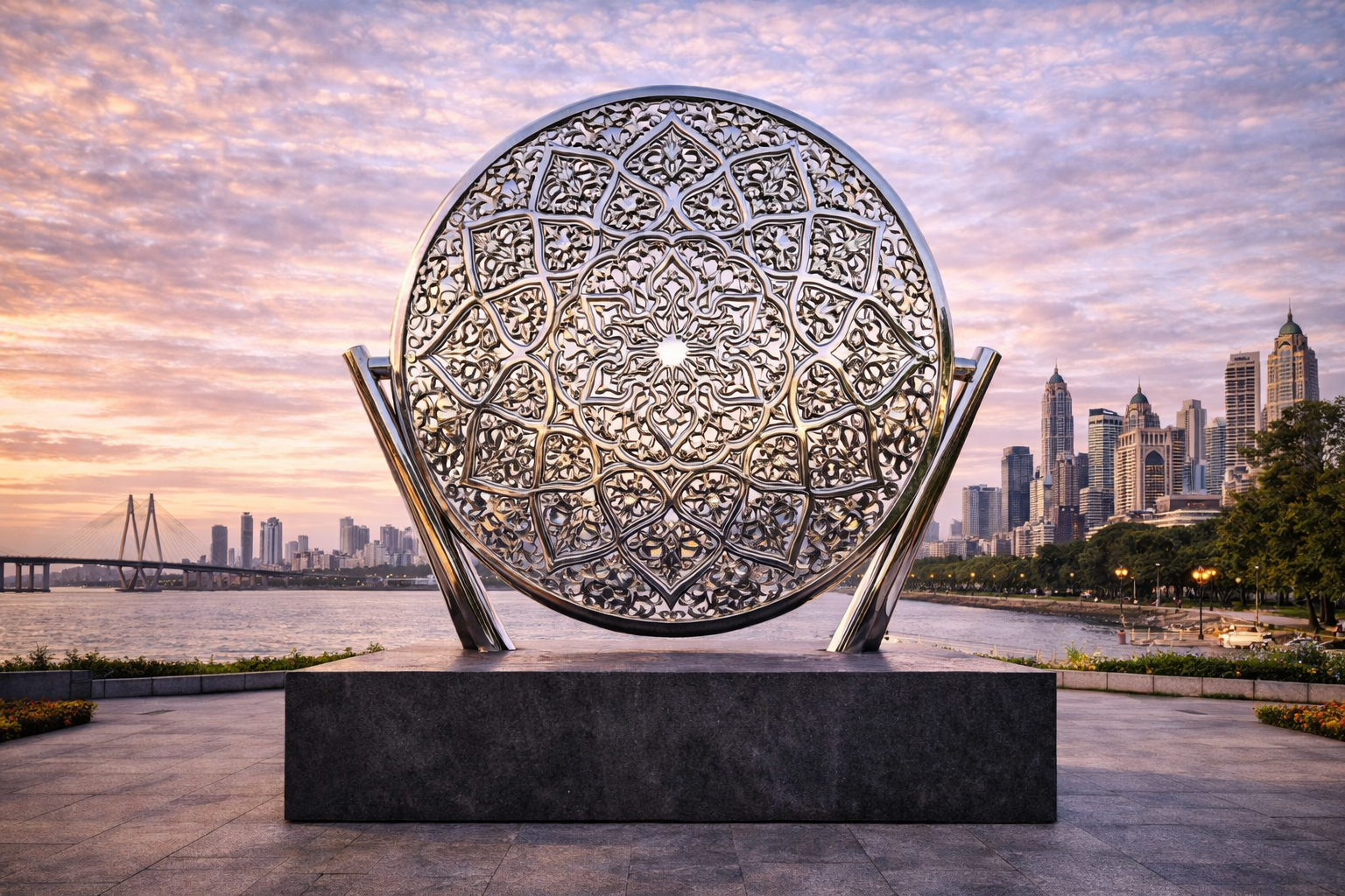 A large, intricate metal sculpture with geometric and floral patterns, set against a city skyline and a river during sunset.