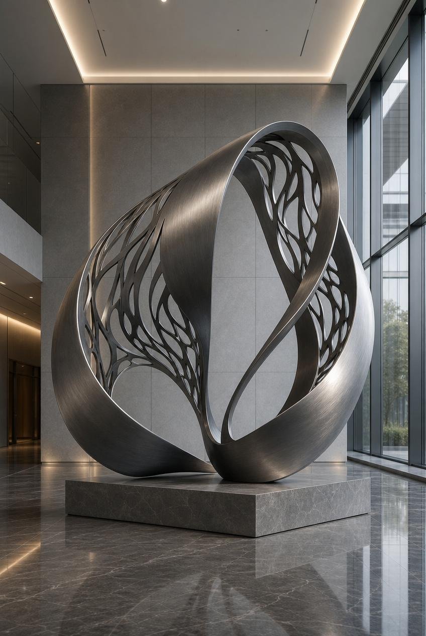 large modern metal sculpture in corporate headquarter