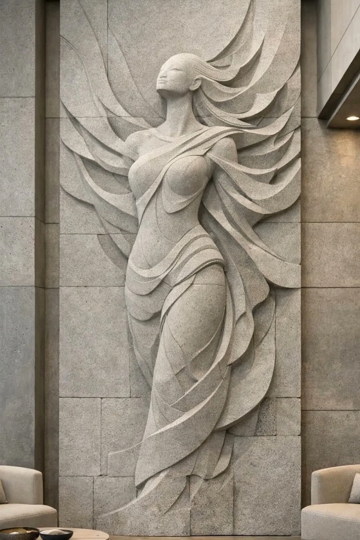 Modern Asian inspired wall relief in kulen sandstone. Abstract divine, unique piece made to order. Solaro Art Collection