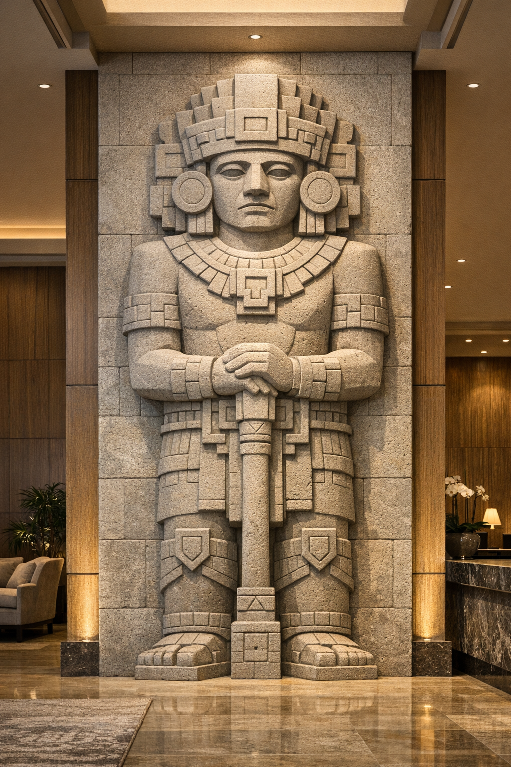 Carved stone Mayan guardian, contemporary artwork, digital concept or exclusive physical sculpture for sale. Worlwide delivery large-scale sculptures. Solaro Art Collection.