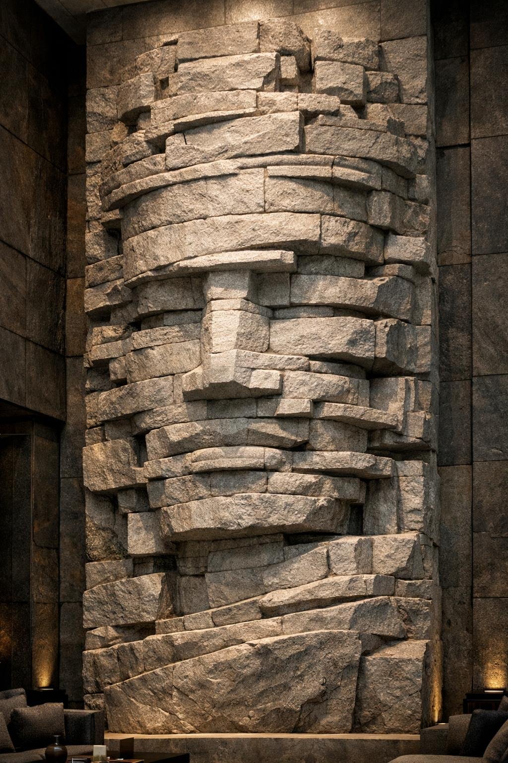 Monumental abstract vertical wall sculpture, 5 meters high, formed by layered stone blocks shaping a composed human face. Ideal for spa and wellness spaces, expressing strength, calm, and timeless mineral presence.