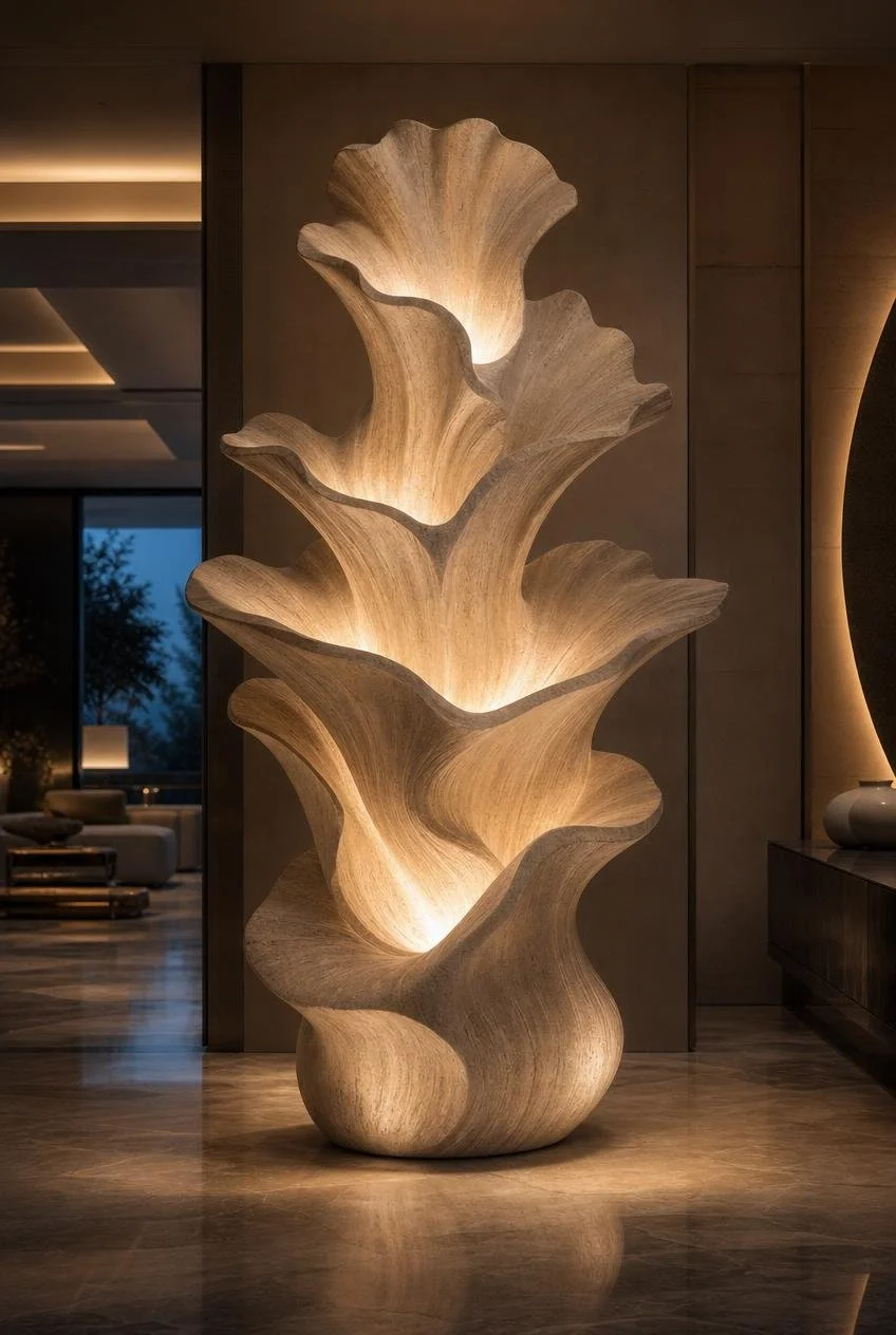 Large sculptural ligting in sandstone with abstract floral organic form