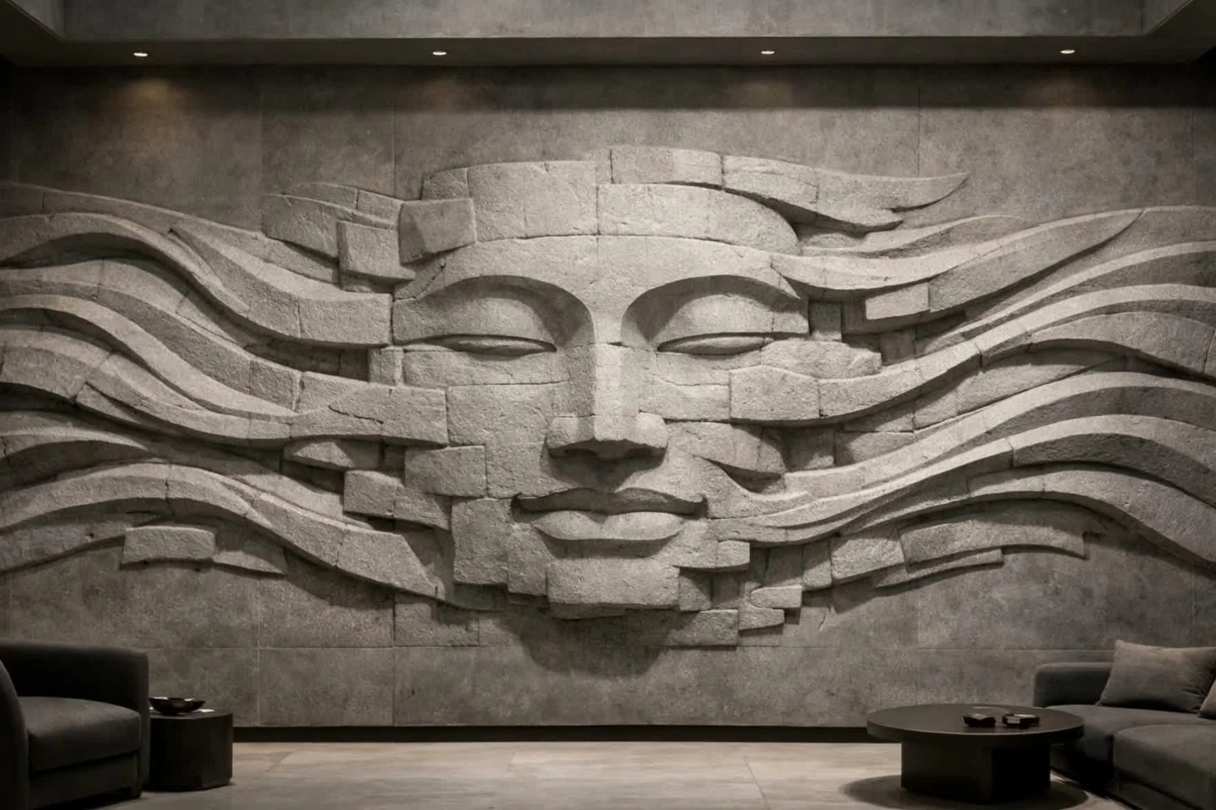 A large wall sculpture of a human face made of stacked stone blocks with flowing lines, in a modern interior space with seating.