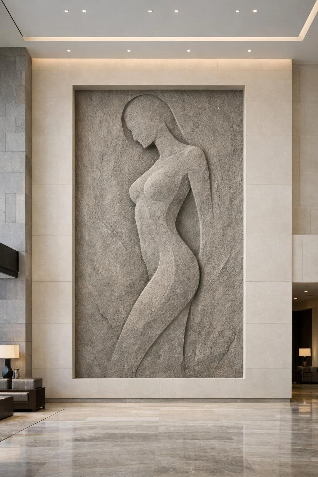 Her Presence Whithout Noise - Minimalist Female Silhouette wall relief in grey sandstone. Solaro Art Collection