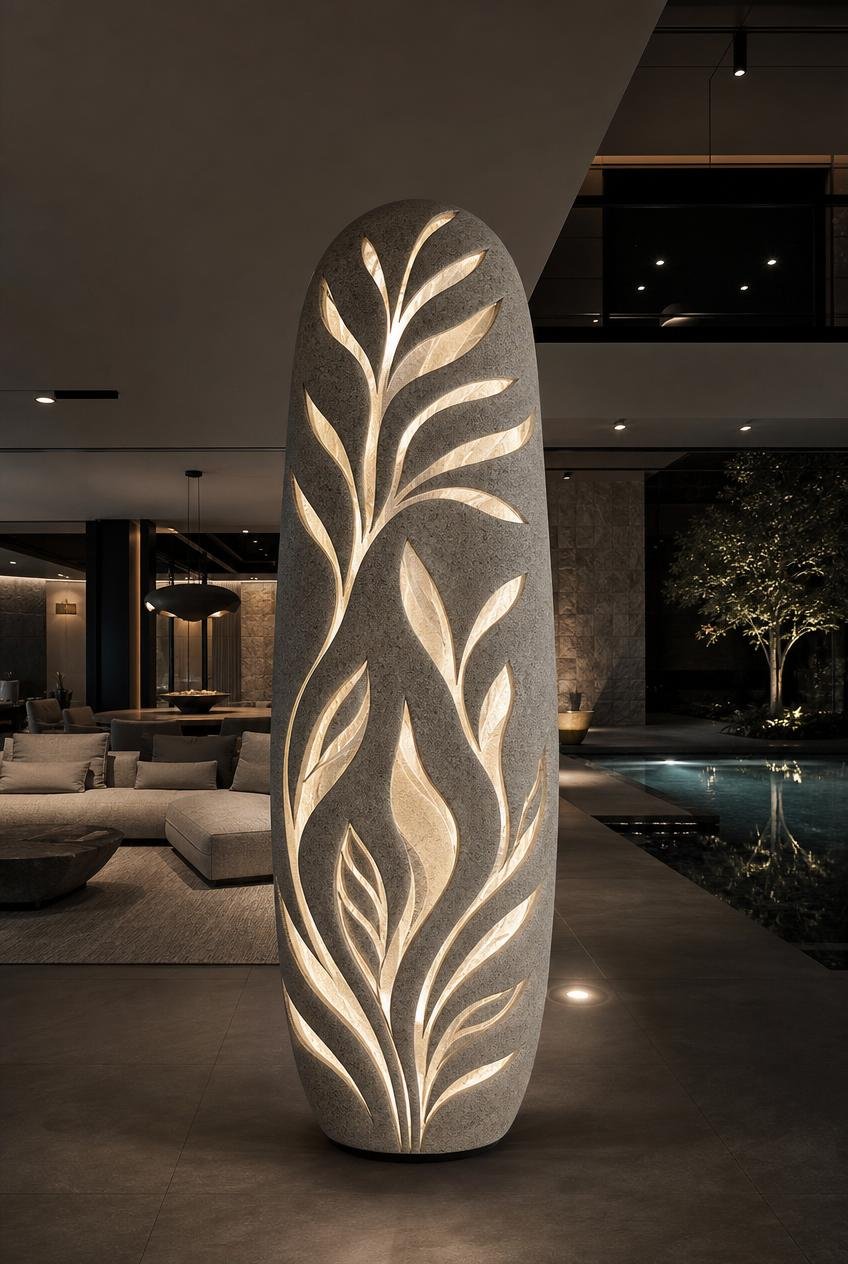 Large lamp sculpture in stone with perforated leaf forms
