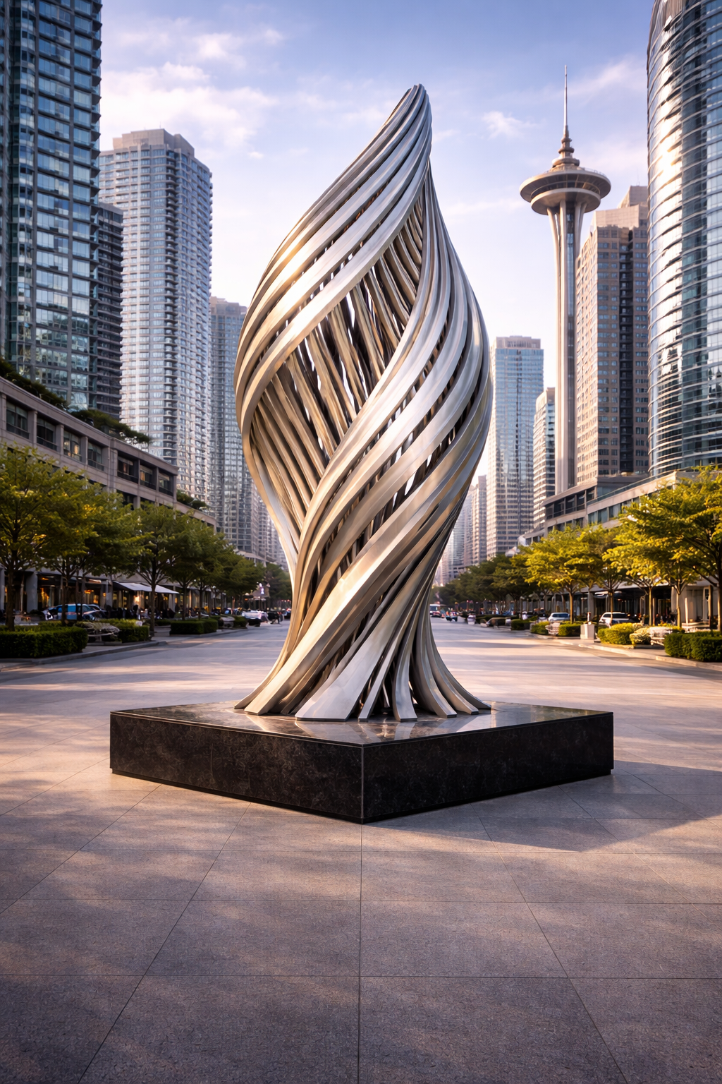 Modern twisting sculpture on a black base located in an urban plaza with trees and tall buildings in the background, including the Space Needle in Seattle.