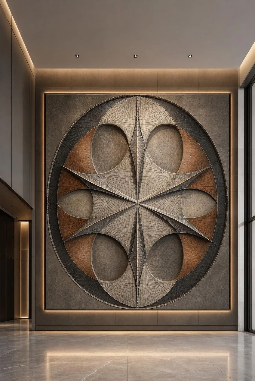 Large multicolor wall relief in high-end stone composite representing a celestial compass , perfect for architectural art integration.