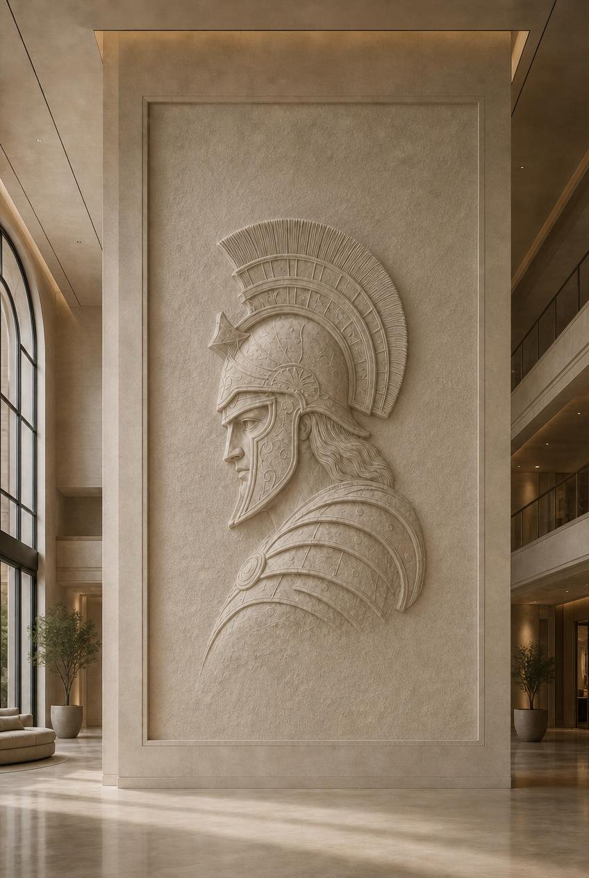 Oversized sculpture with profila of a Roman Guardian in natural stone - Solaro Art Collection