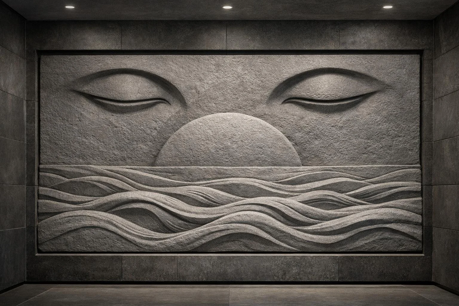 Monumental horizontal wall sculpture featuring two closed eyes, calm and serene. Below, a sun setting over waves in bas-relief, blending grace, stone, and timeless tranquility. By Solaro Art Collection