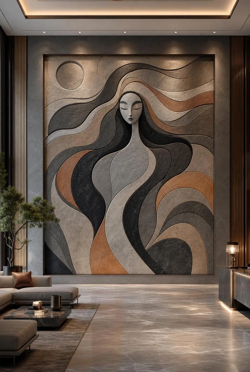 Large vertical wall art stone relief with abstract female silhouette