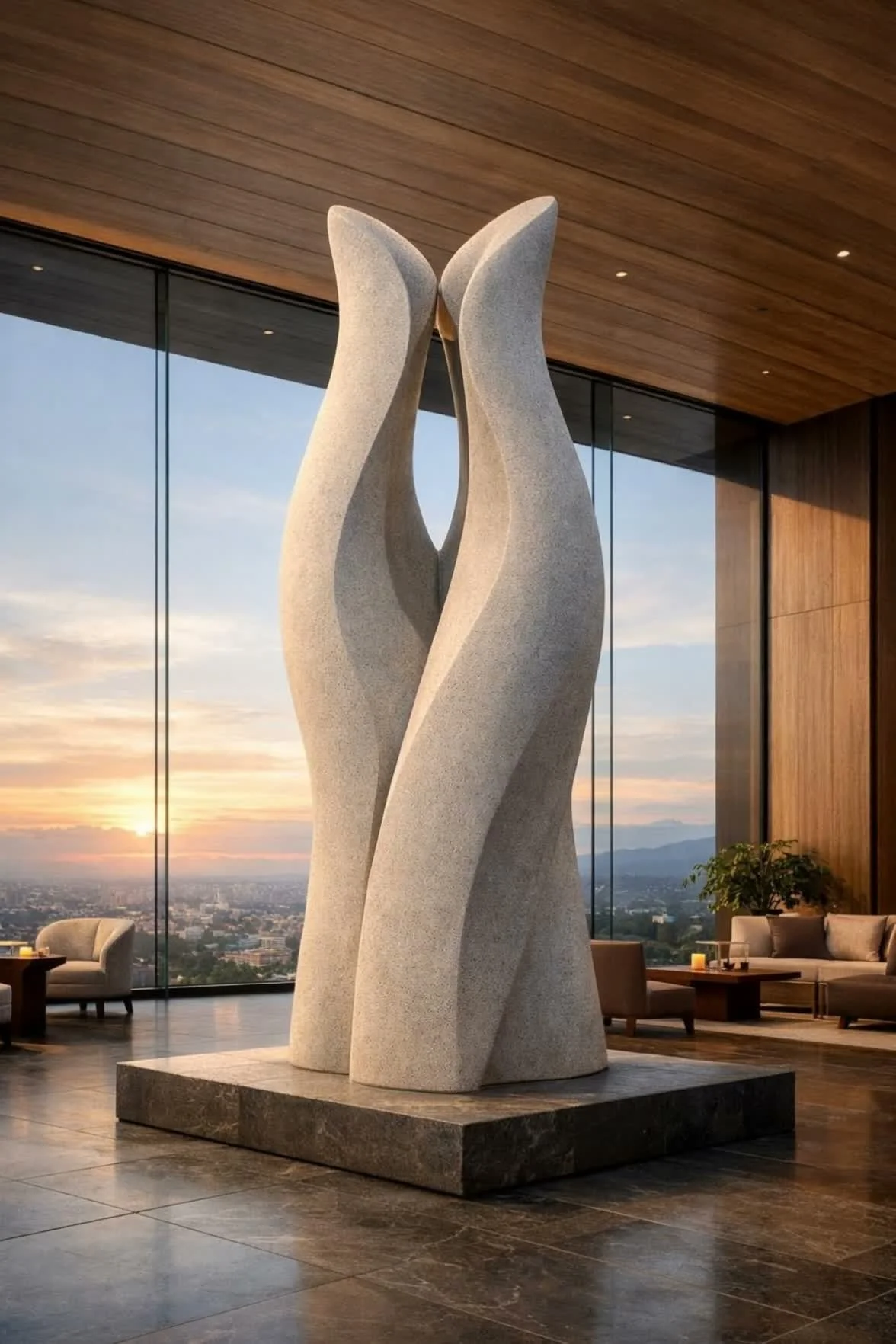 Modern and colossal sculpture of two intertwined forms, made of light-colored stone, set in an upscale interior with large windows and a cityscape view at sunset.