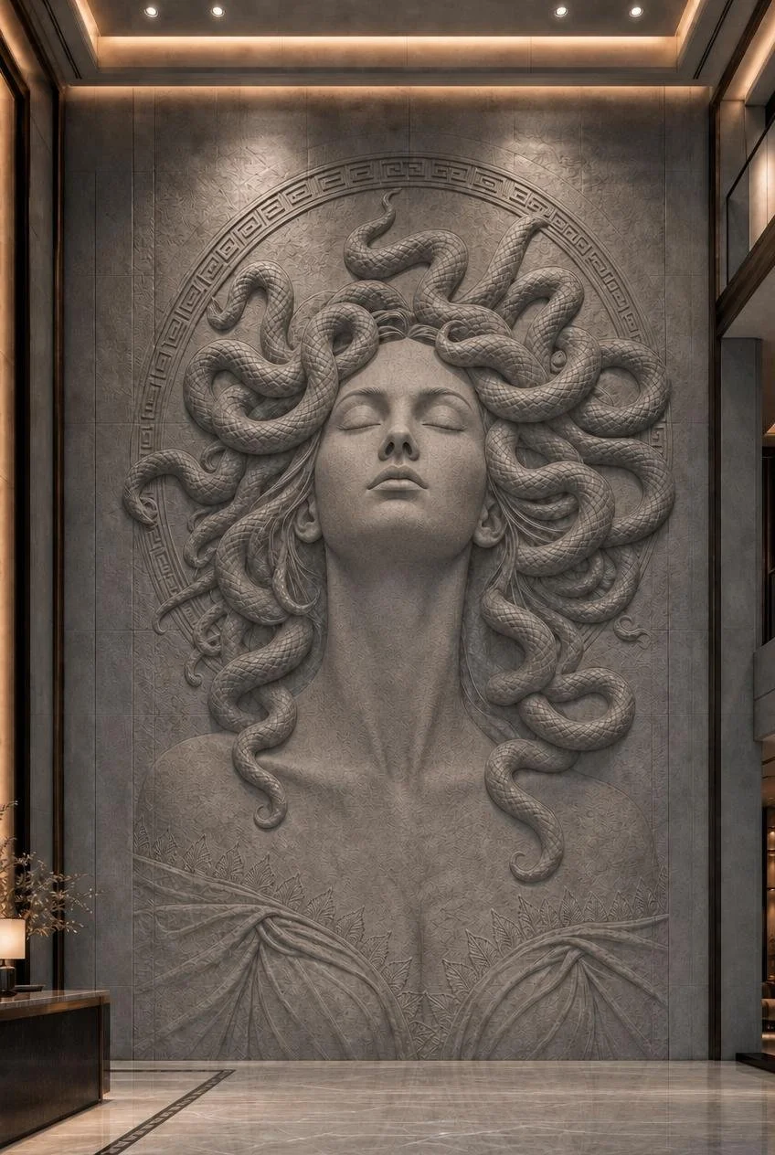Monumental greek medusa wall sculpture