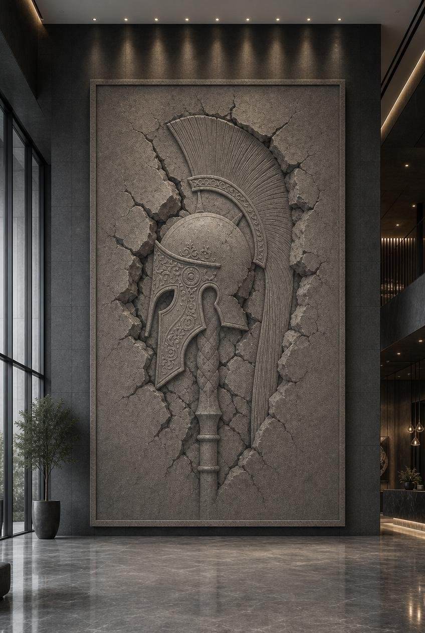 Large-scale wall sculpture of a Roman helmet integrated in a luxury interior - Solaro Art Collection