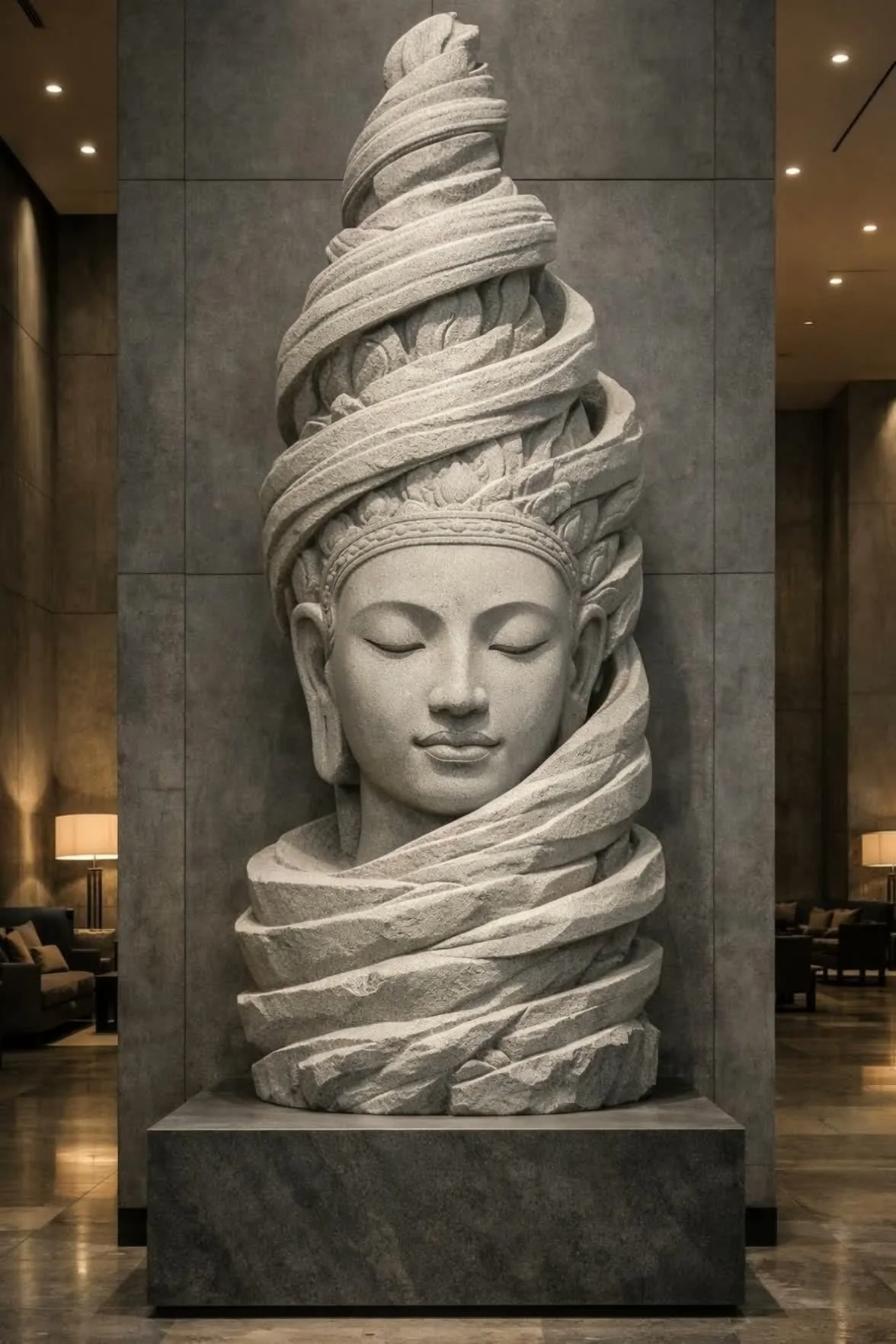 A large stone sculpture of a peaceful Khmer female face with closed eyes, surrounded by swirling, textured stone at a modern indoor space with dim lighting and seating.
