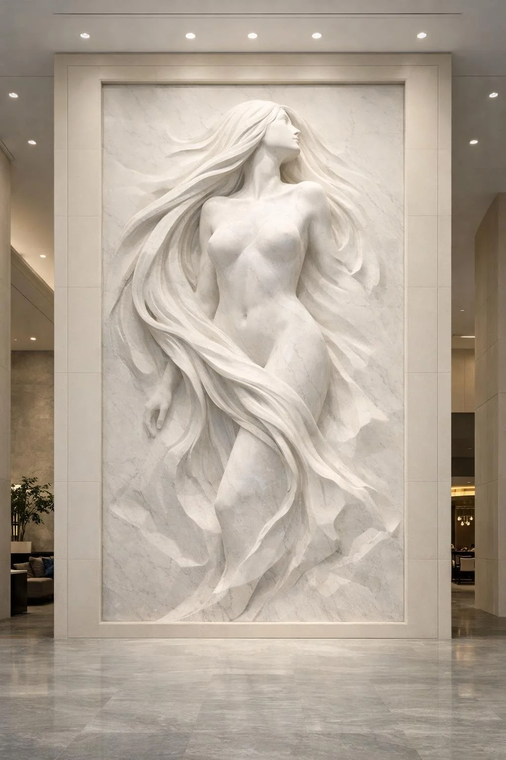 Female Silhouette in white marble - Monumental marble wall relief made to order. Solaro Art Collection