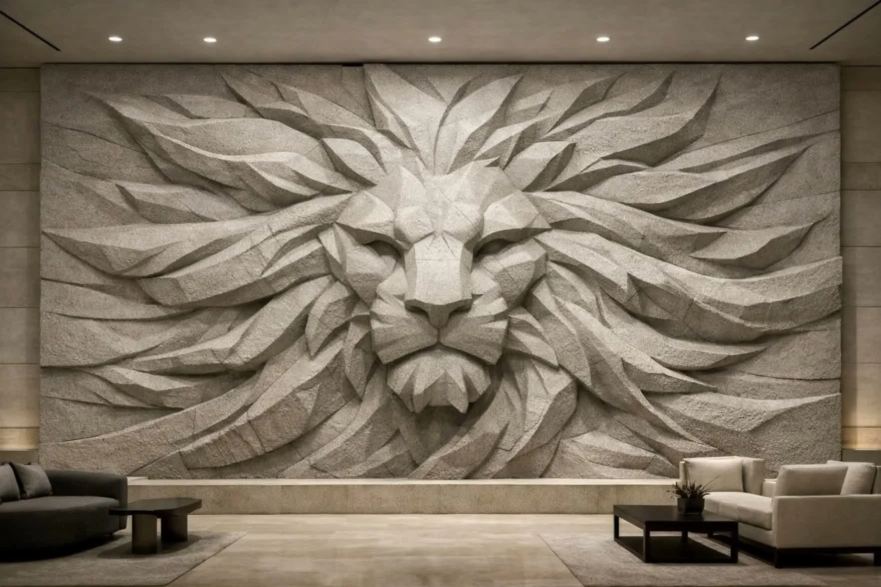 Colossal wall sculpture, lion , stone carved. Solaro Art Collection.
