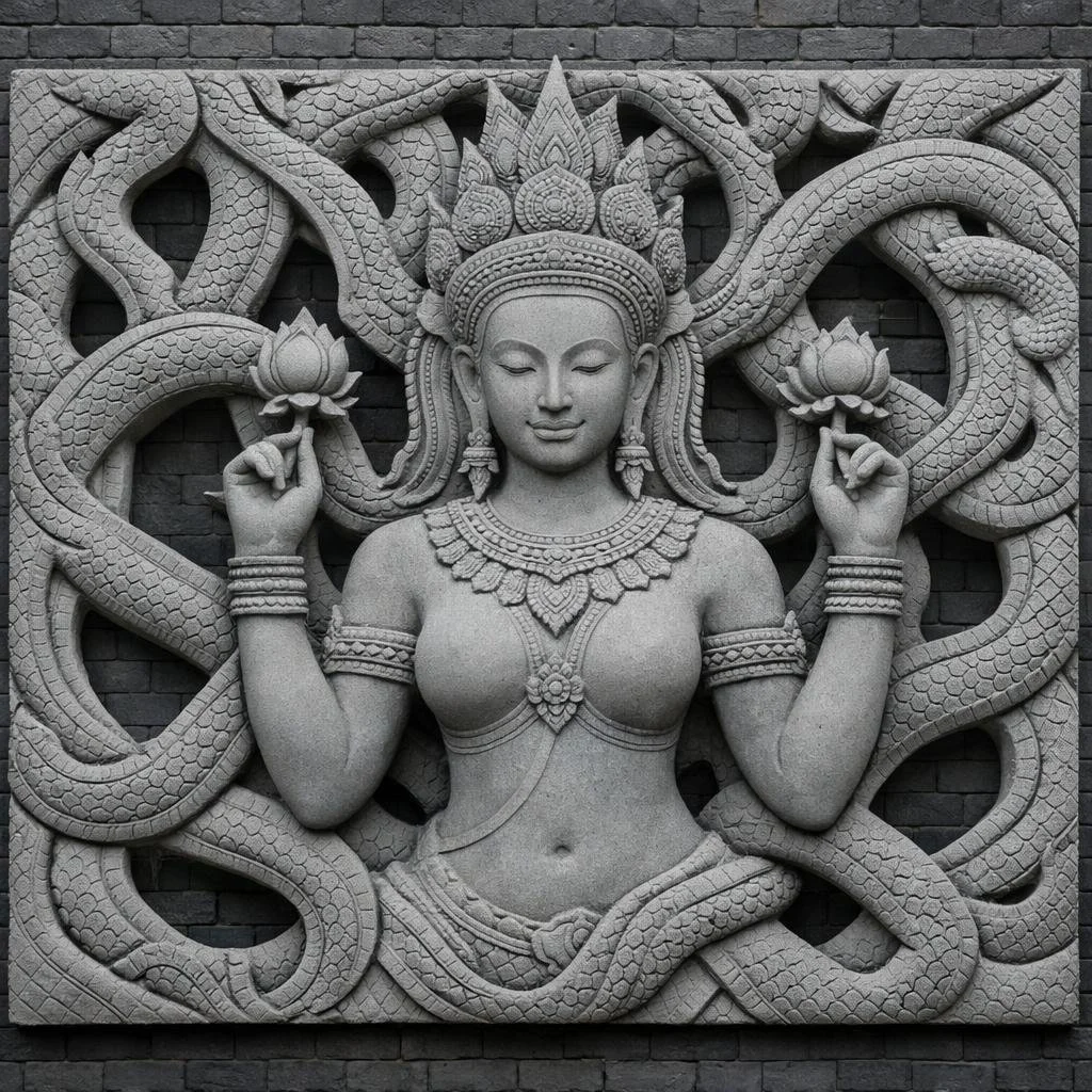 Custom monumental square wall sculpture, Cambodian inspired, carved in grey sandstone. Ideal for luxury lobby or other architectural integrations. by Solaro Art Collection.