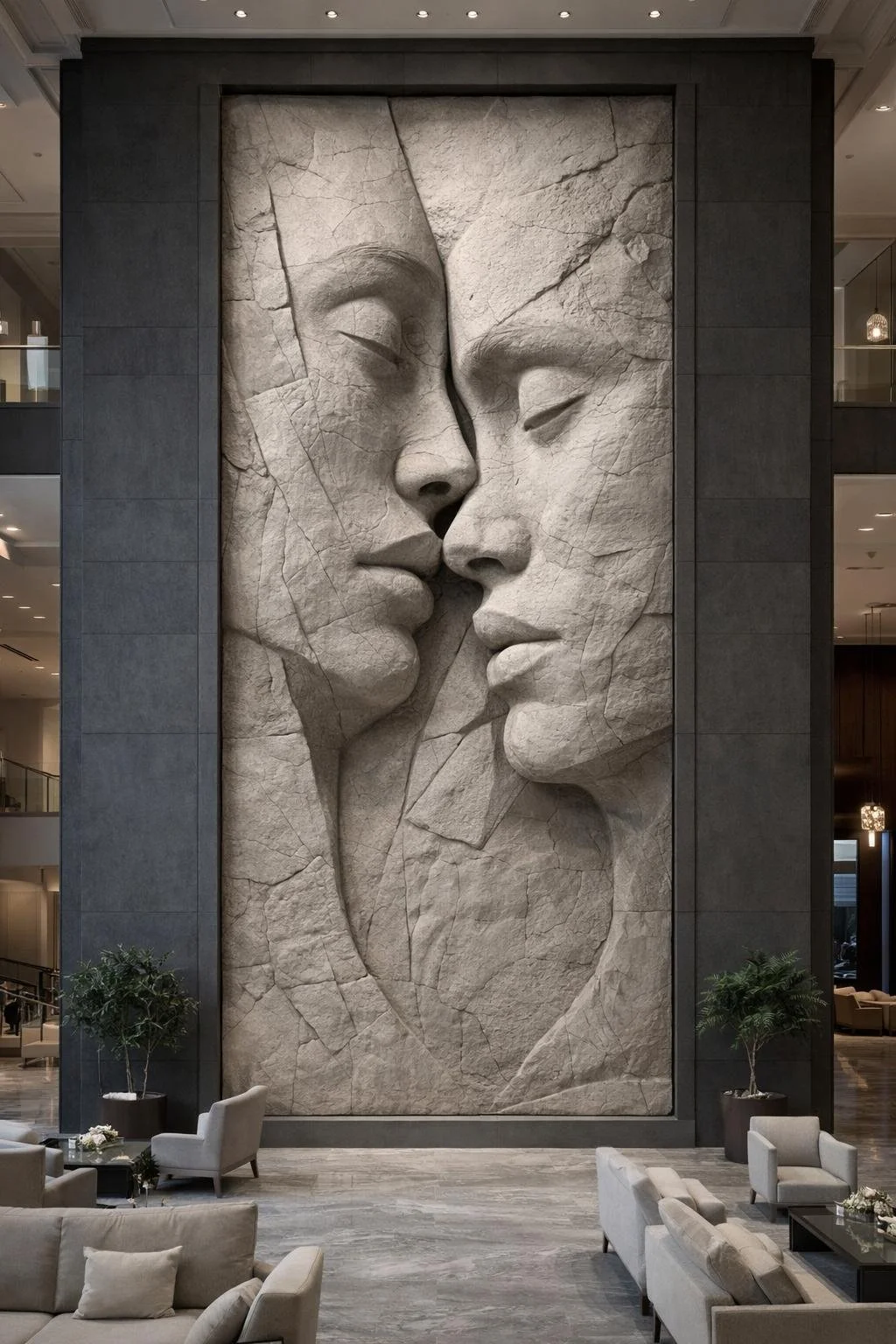 Monumental romatic stone sculpture for luxury interior wall integration. Unique piece made to order by Solaro Art Collection