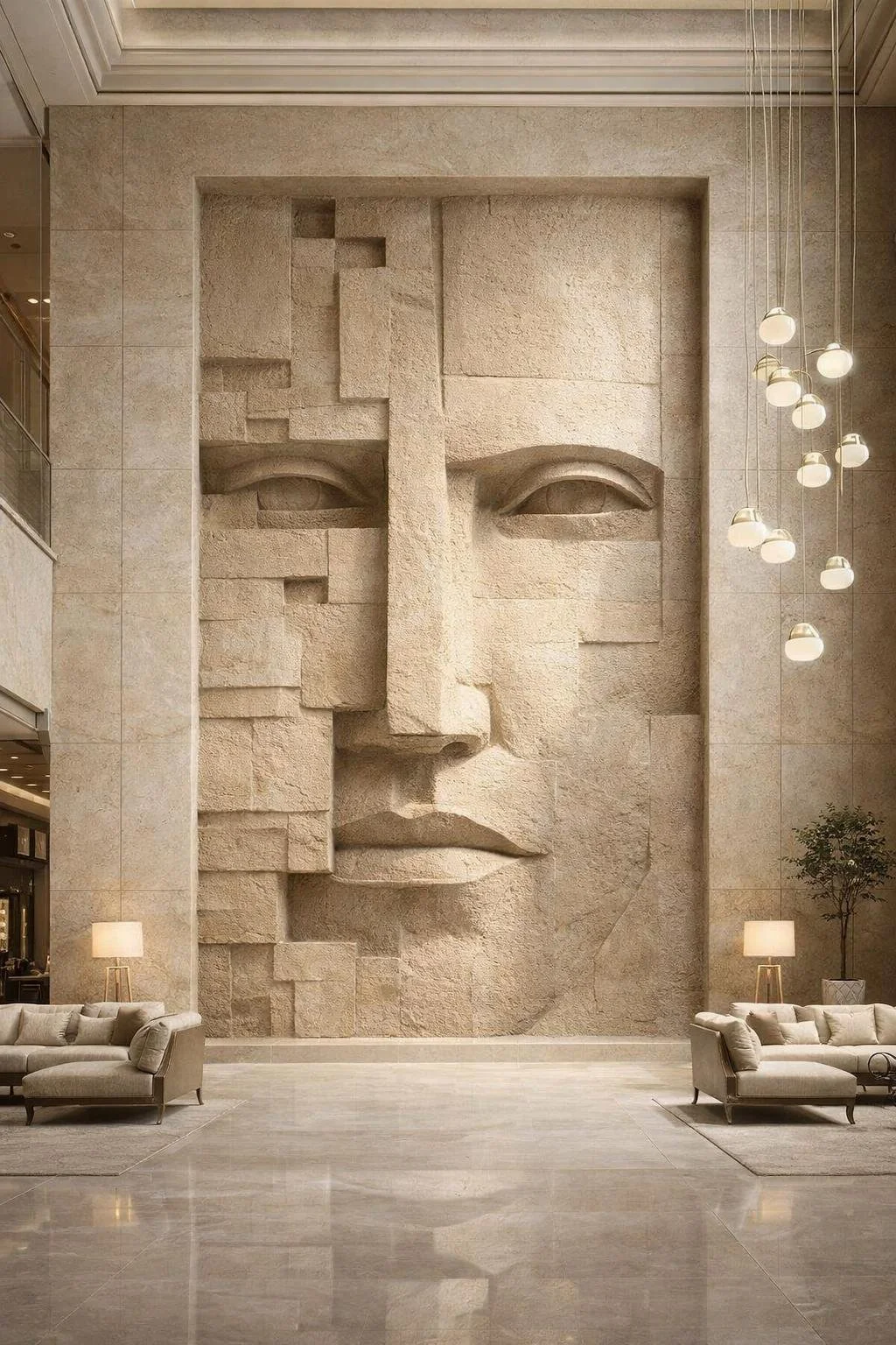 Abstract fragmented cubist fugurative wall sculpture for luxury public spaces and hotels. Solaro Art Collection