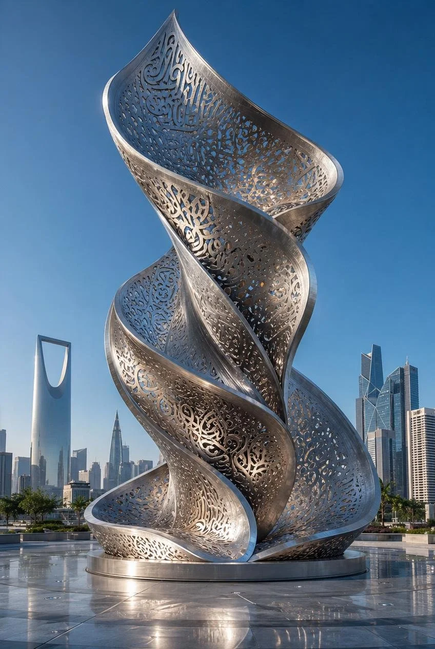 A large, modern urban sculpture with intricate, swirling metal design standing outdoors against a city skyline with tall skyscrapers and a clear blue sky.
