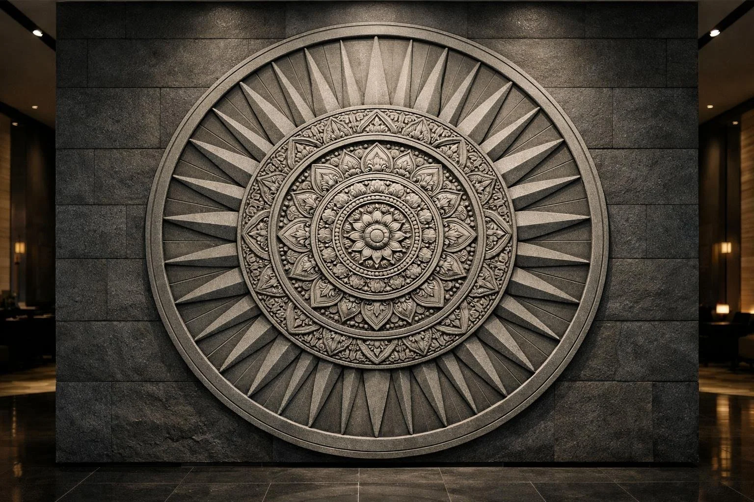 Custom Monumental circular wall sculpture, approximately 3 meters in diameter, featuring a central mandala framed by radiating sun rays carved in stone. Designed as a contemporary architectural centerpiece. By Solaro Art Collection.