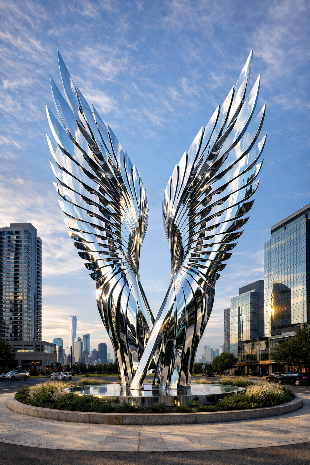 A large, shiny metal sculpture of angel wings set in an urban park with modern skyscrapers and a city skyline in the background.