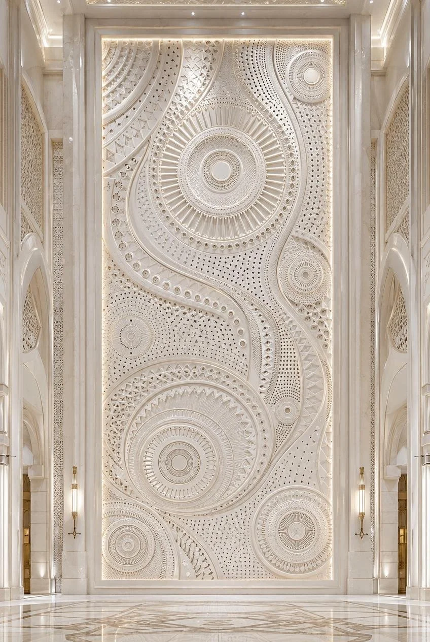 Monumental Isalmic Geometric Carrara Marble Wall Sculpture for luxury hotels or public spaces. Solaro Art Collection