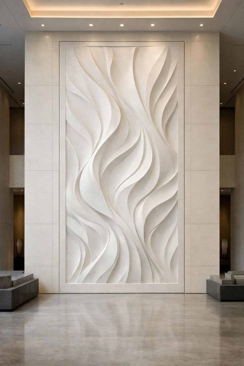 Custom white marble monumental wall relief, organic style. Solaro Art Collection