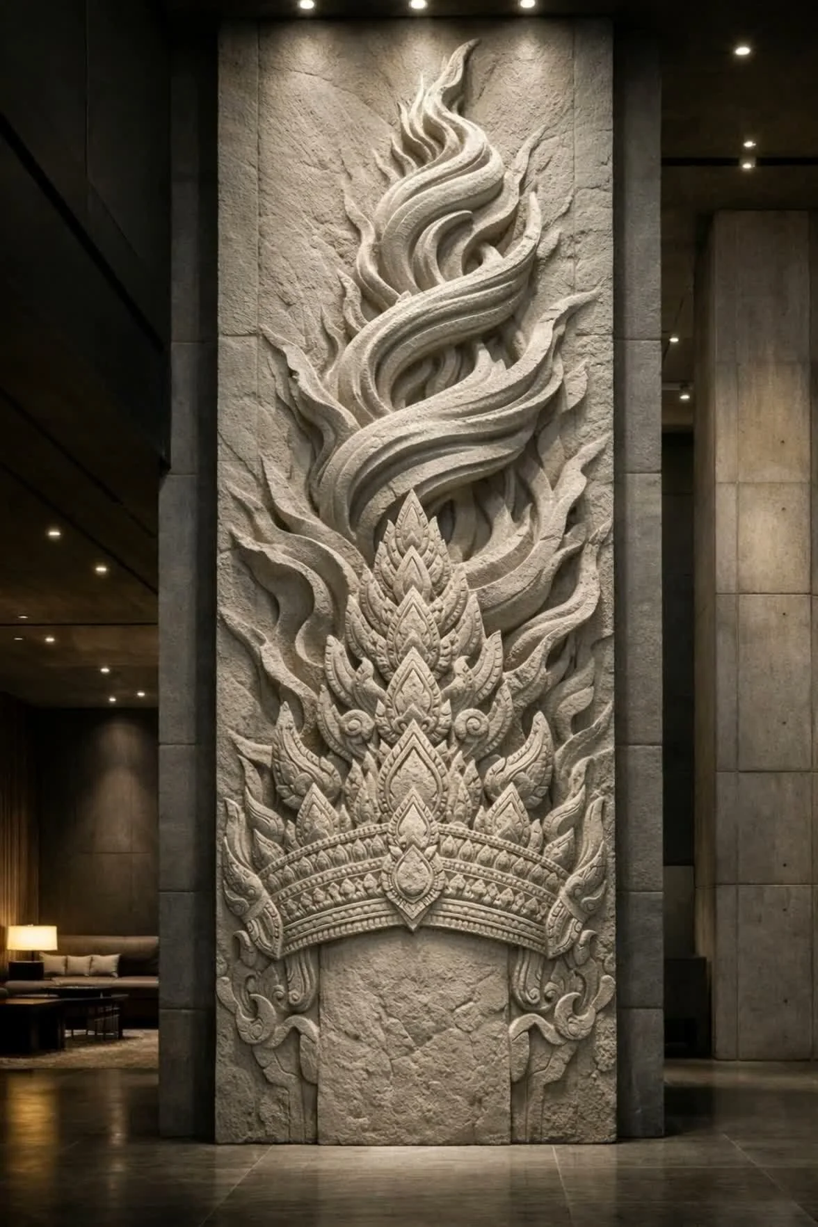 Colossal vertical wall sculpture, ideal for luxury lobbies or other architectural integrations. Unique artwork. Solaro Art Collection.