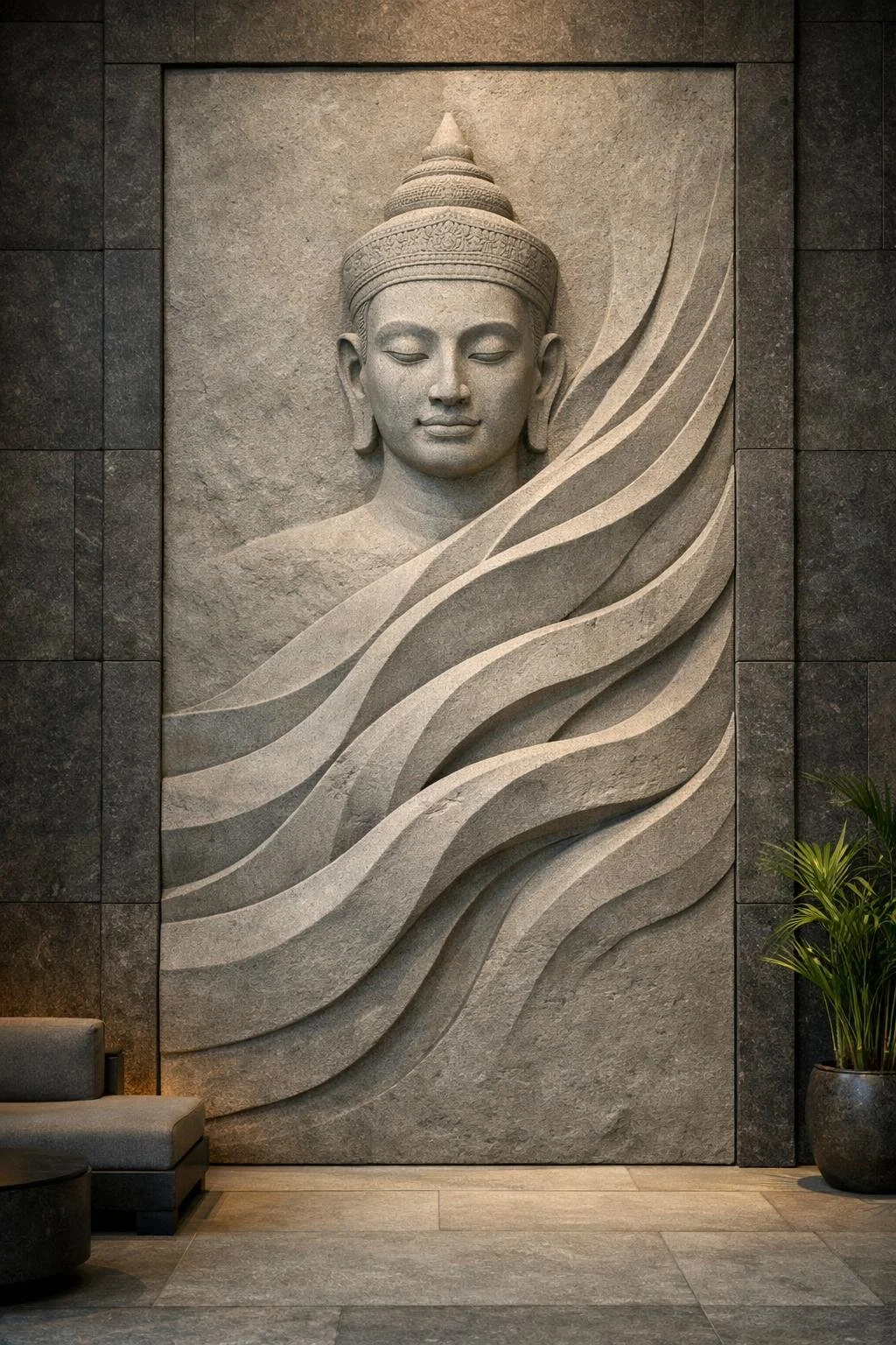Custom large-scale vertical wall sculpture, Cambodian inspired, sculpted grey sandstone relief. Ideal for luxury interiors or architectural environments. by Solaro Art Collection.
