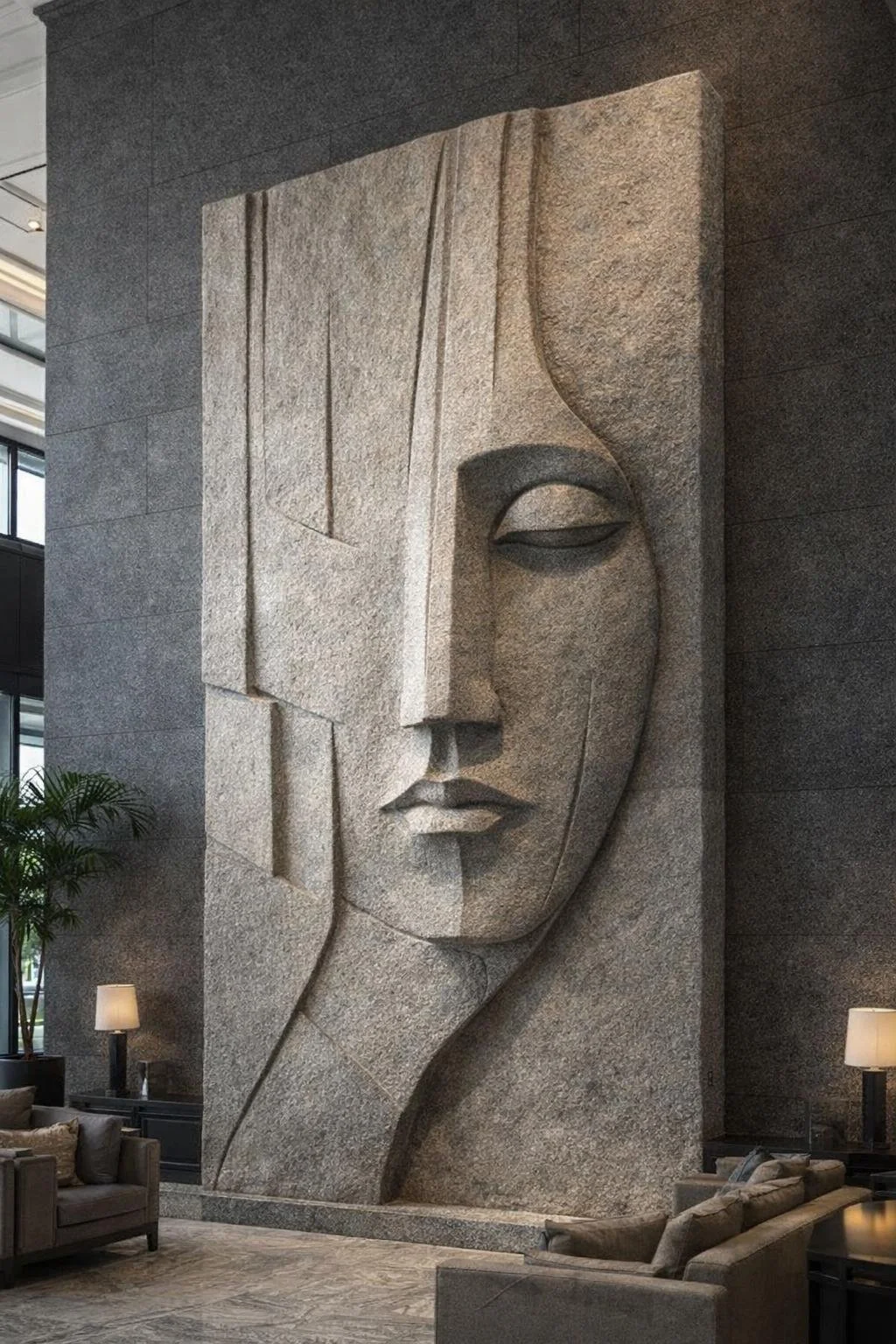 Monumental contemporary face sculpture for luxury hotel lobby or architectural spaces. Solaro Art Collection