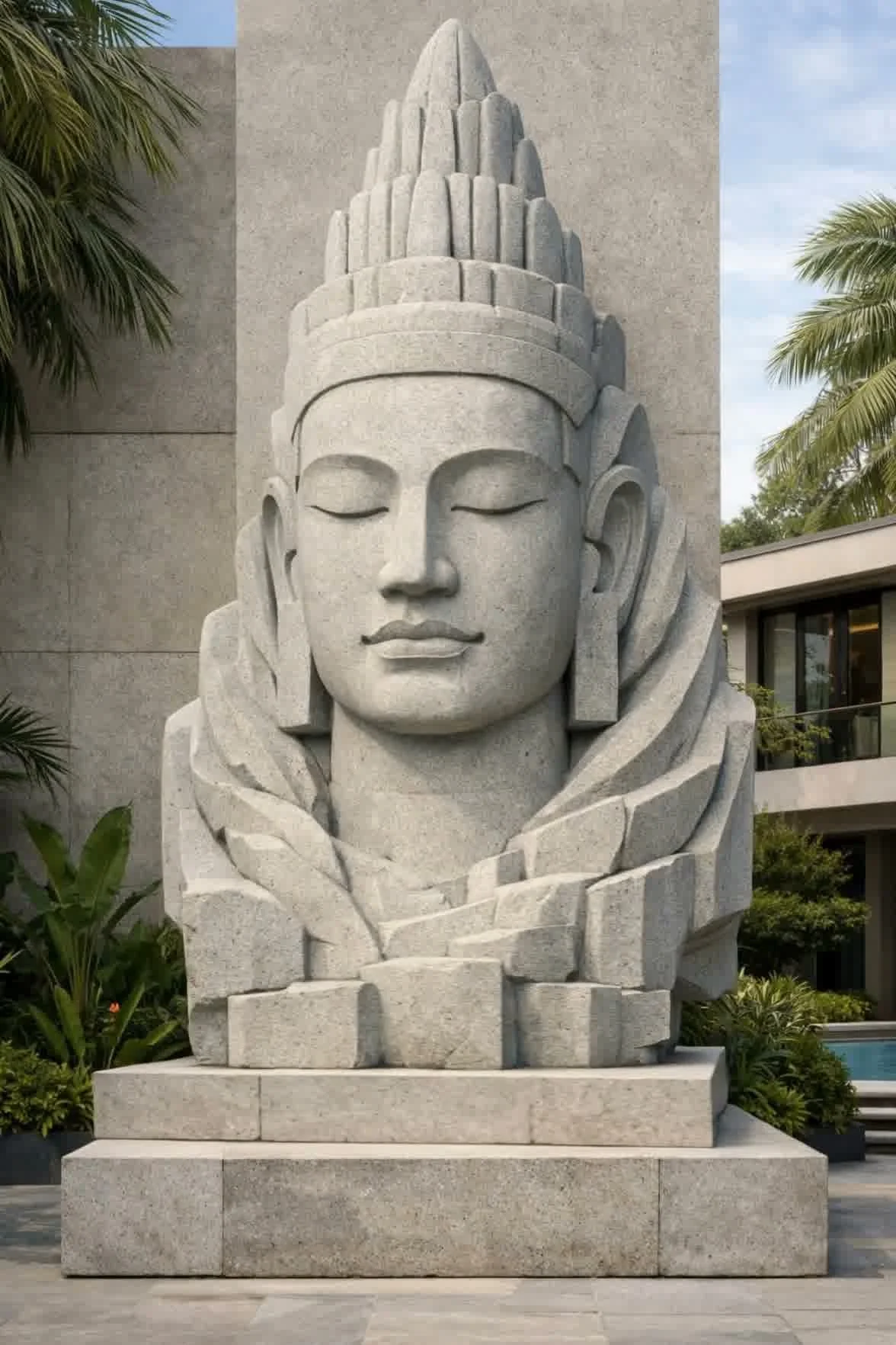Large stone sculpture of a serene face with eyes closed, adorned with a tall, tiered crown, set outdoors with greenery and modern buildings in the background. Sculpture made to order, unique piece. Solaro Art Collection.