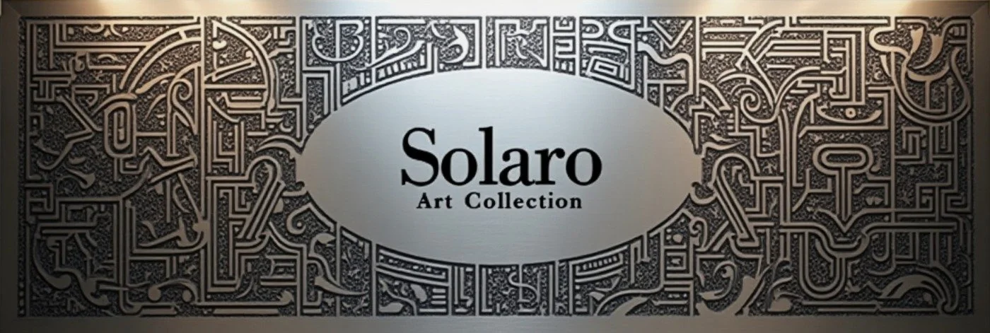 Sign for Solaro Art Collection with elaborate black and white decorative border around a white oval containing the text 'Solaro Art Collection'.