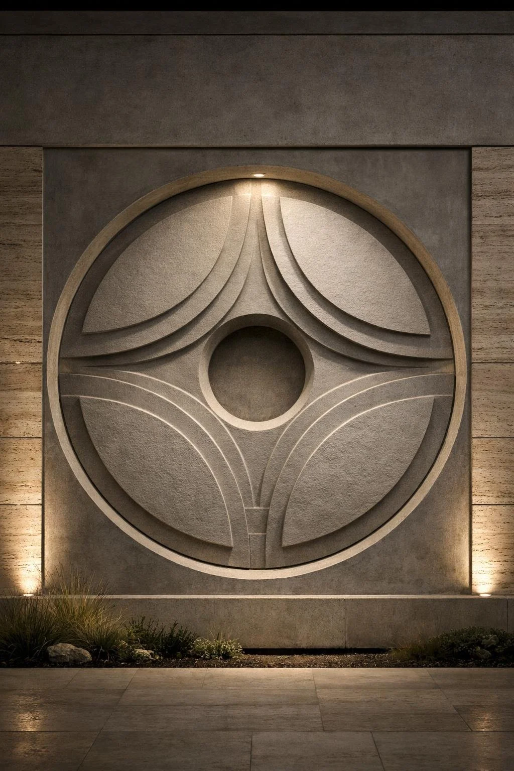 This monumental 2.5-meter square relief features a central hollow sphere surrounded by sleek, geometric curves carved from grey sandstone. The modern design plays with light and shadow through its layered circular patterns