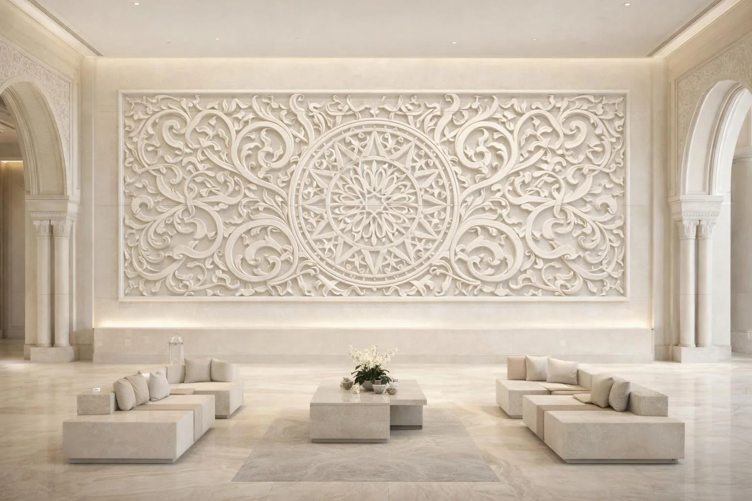 Monumental white marble sculpture, contemporary Islamic art inspired wall relief with fluid arabesque patterns. Perfect for luxury hotels or urbam porjects. Solaro Art Collection