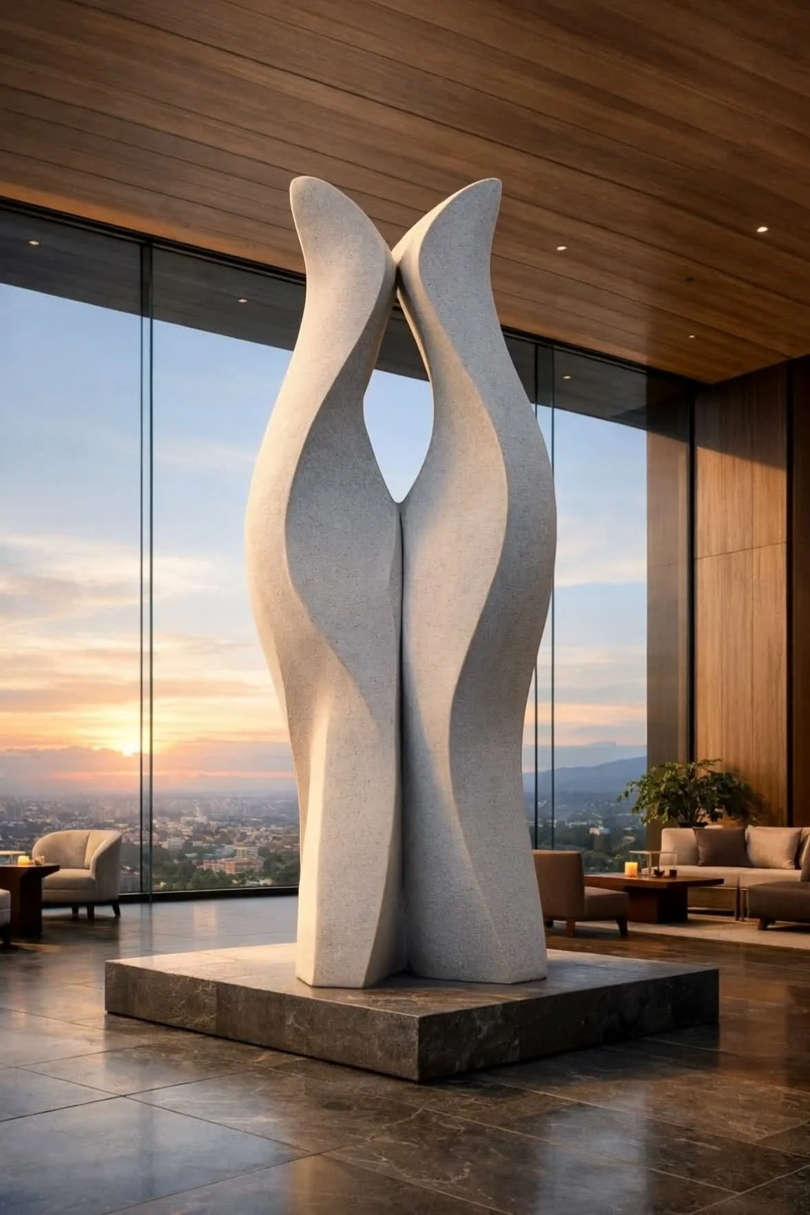 Custom colossal modern and abstract statue ideal for luxury lobbies or other architectural incorporation. By Solaro Art Collection.