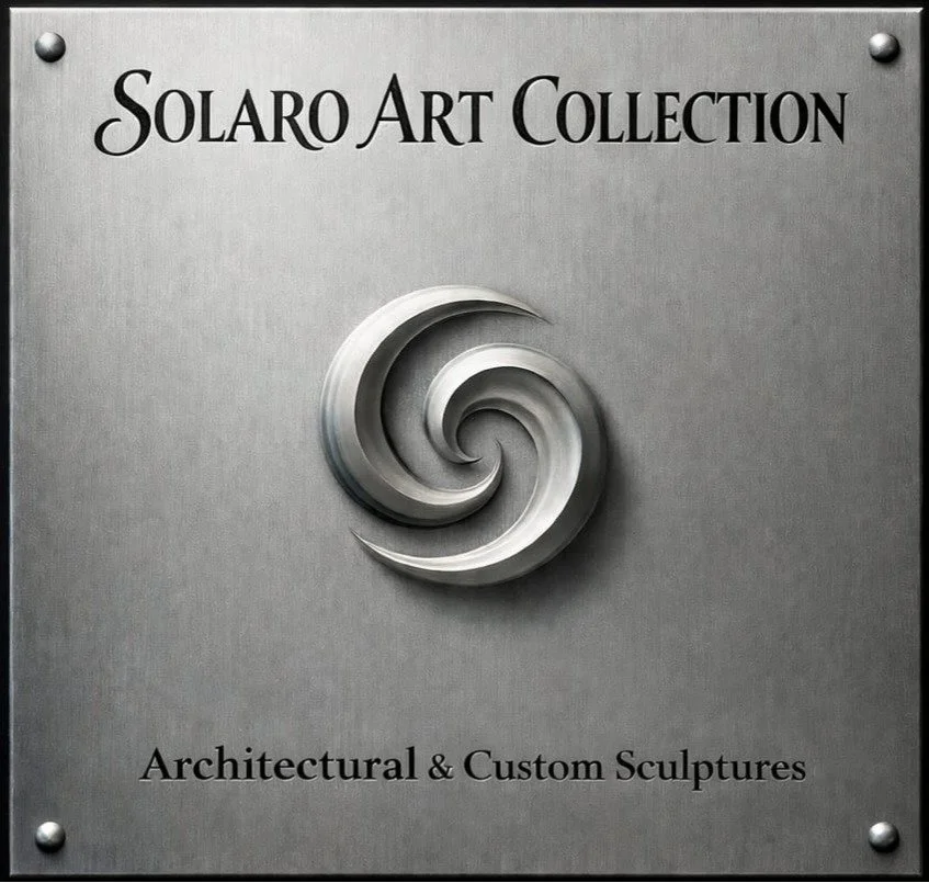 Metal sign for Solaro Art Collection featuring a spiral sculpture and text about architectural and custom sculptures.