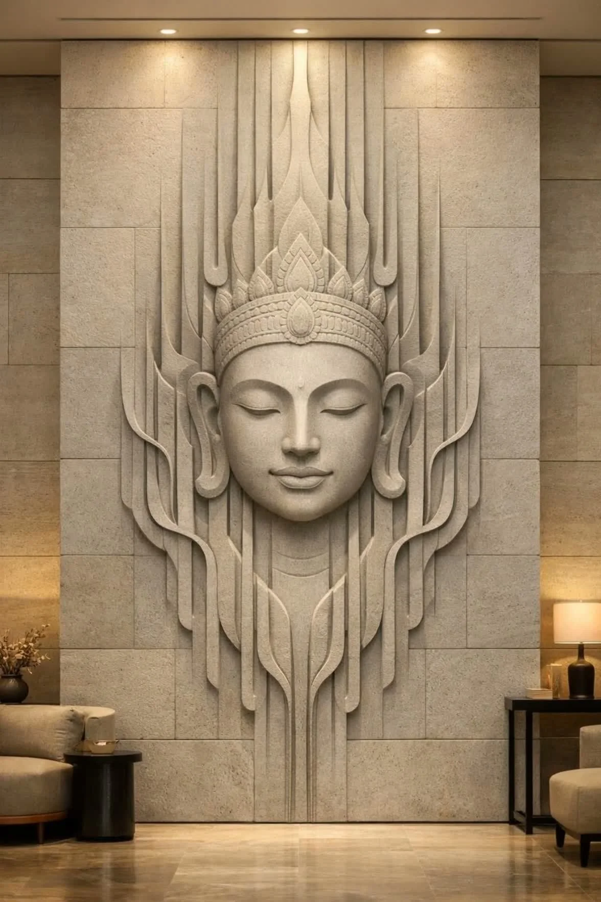 Vertical monumental wall sculpture, five meters high, carved in deep relief. A modern, contemporary khmer divine face emerges from the stone, creating a powerful and serene presence designed for prestigious lobby spaces.