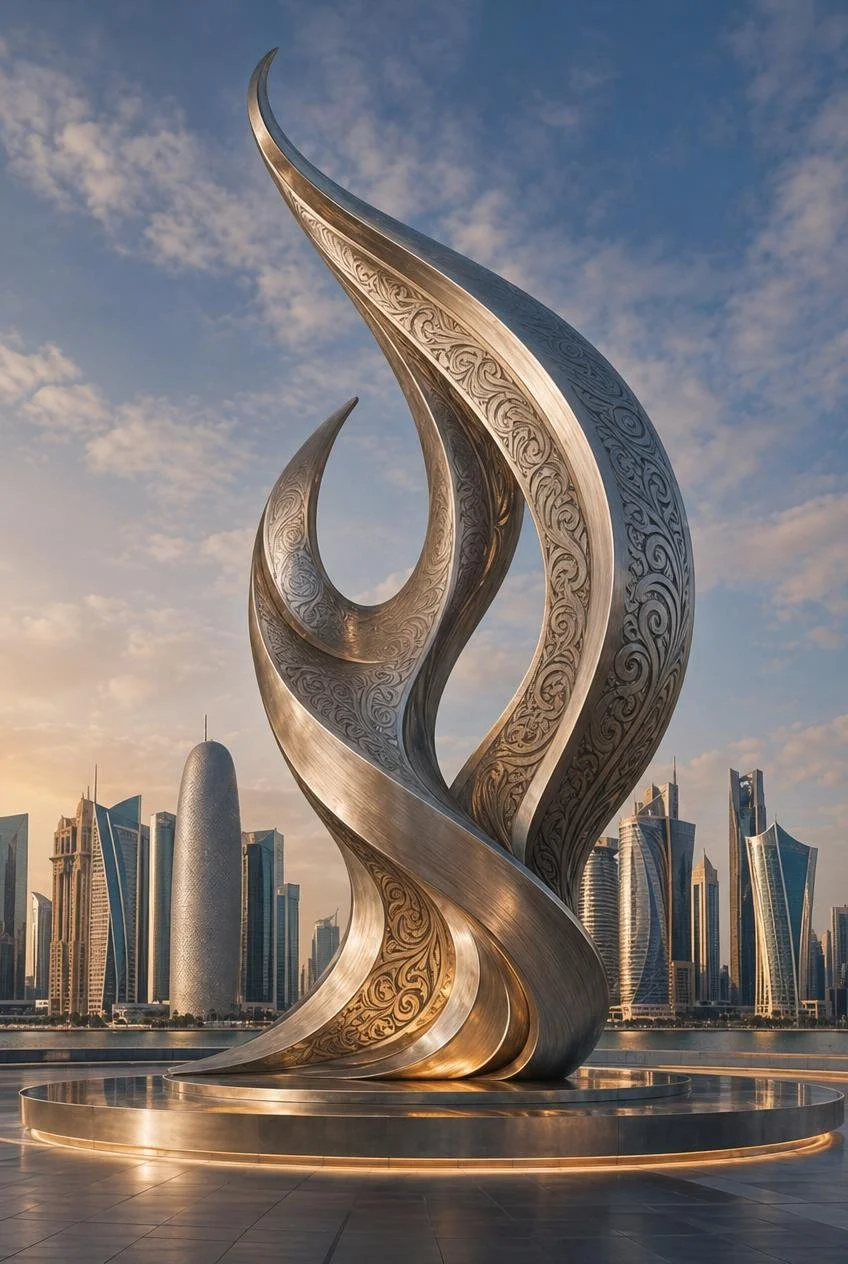 A large, artistic skyscraper sculpture with arabesque patterns stands in front of a modern city skyline at sunset.
