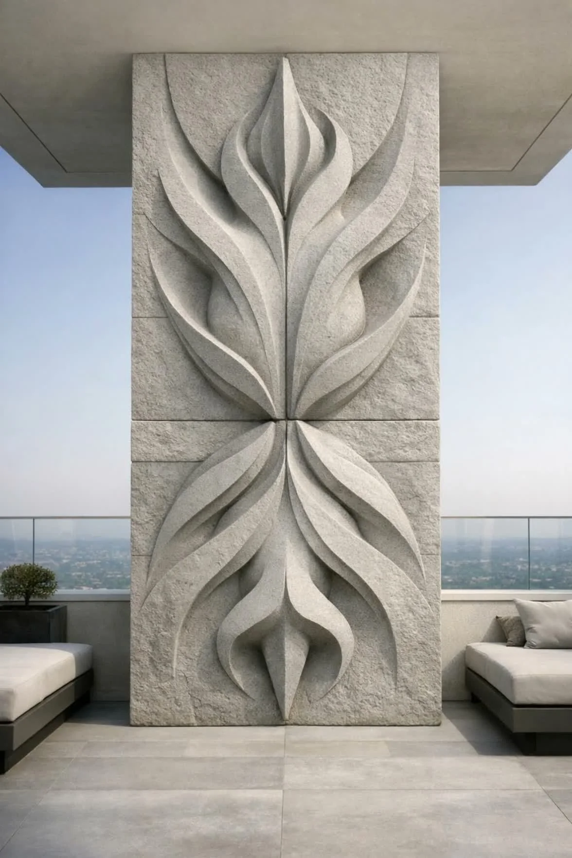Large-scale Decorative stone wall with an abstract floral design, situated on a balcony with seating and a city view. made ot order by Solaro Art Collection.