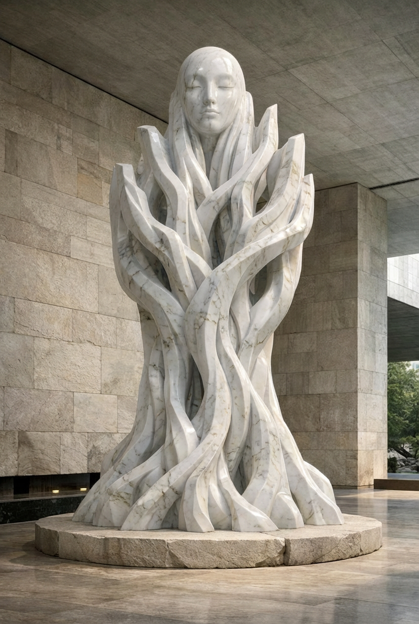 White marble sculpture, approximately five meters high. Abstract human head supported by branching, organic stone forms, creating a powerful vertical presence for a lobby space. By Solaro Art Collection.