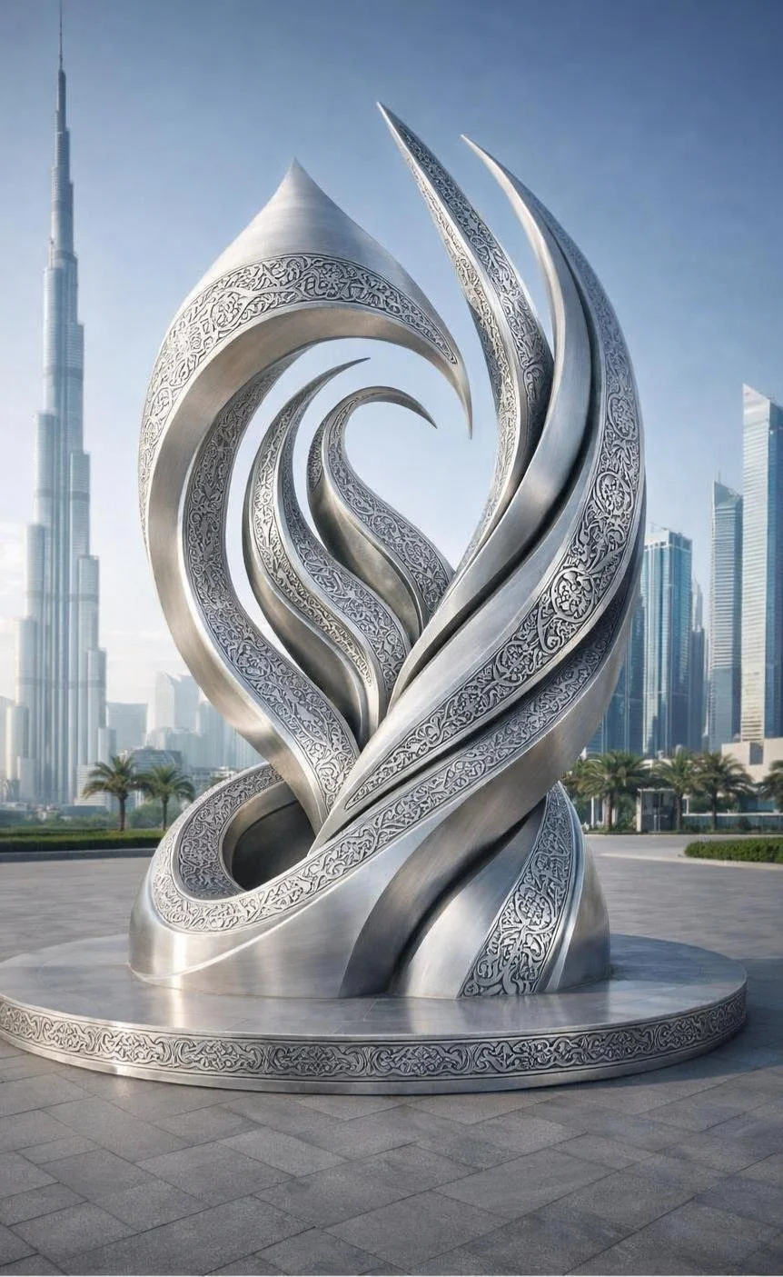 Colossal Metal sculpture modern isalmis art whit fluid forms and arabesque patterns. Perfect for high-end urban porjects in dubai, saoudi arabie or kuwait. Unique Masterpiece. Solaro Art Collection