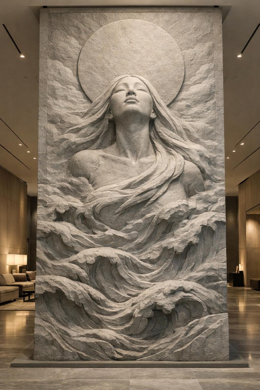Large stone sculpture of a woman with flowing hair and closed eyes, with a sun or moon behind her head, surrounded by carved waves or clouds. Made to order, unique piece. Solaro Art collection.